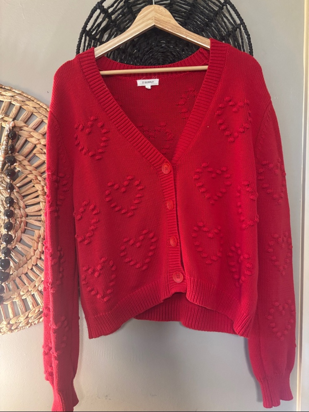 Z Supply Red Heart-Patterned V-Neck Button Cardigan
